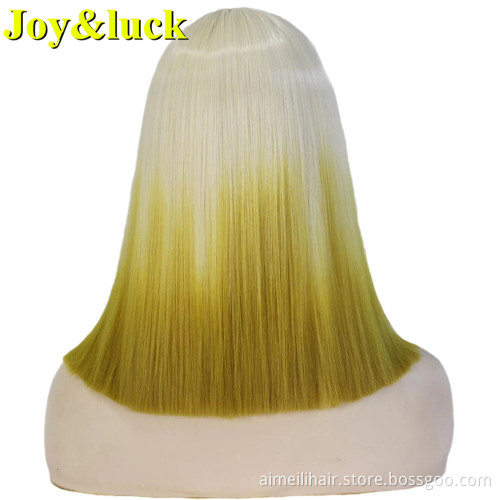 Wholesale Price Short Wig With Bangs Natural Straight Blonde Ombre Green Costume Party Halloween Day Cosplay Synthetic Wigs